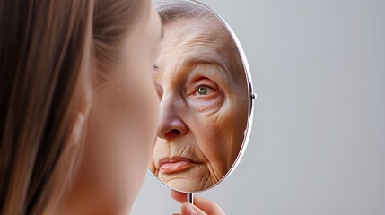 A conceptual image of a young beautiful woman looking into the mirror and seeing a reflection of herself as an old woman.