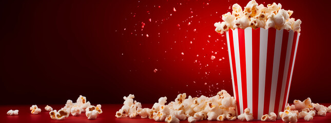 popcorn in a background, good popcorn scattering from a red striped carton box on a dark red background