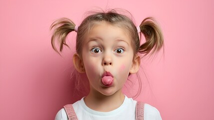 A portrait of a funny little girl with pigtails showing her tongue, pink background. Studio photography.
