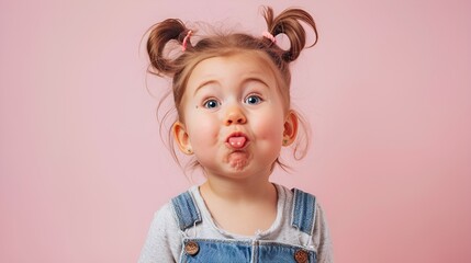 Fototapeta premium A young girl with pigtails doing funny faces, pink background! Studio photography.