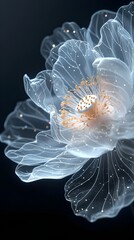 A close-up shot of a fluorescent white lotus on a black background.