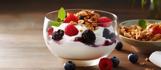Healthy breakfast with yogurt, granola, and mixed berries.