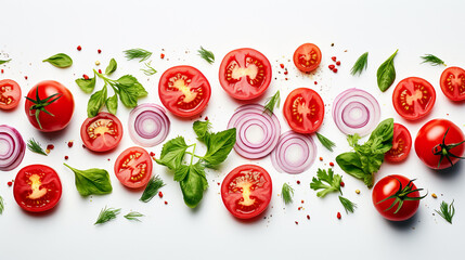 Creative layout made of sliced ​​tomato, red onion, cucumber, basil leaves. Flat lay, top view. Food concept. Vegetables isolated on white background. Food ingredient pattern. Banners. Generate AI