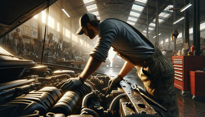 mechanic working on a car, seen with his back to the camera under natural light
