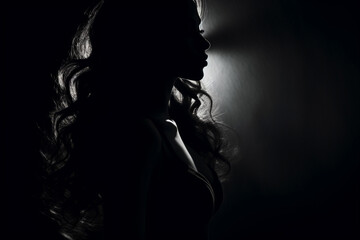 Sensual female silhouette in dark, monochrome image  - obrazy, fototapety, plakaty