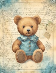 Teddy Bear cute baby old paper, vintage junk journal digital paper