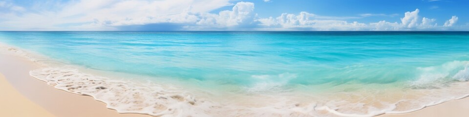 A panoramic view of a secluded beach with white sand and clear blue waters