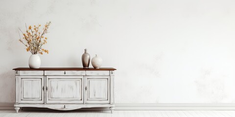Retro-style white background with antique cabinet furnishings.
