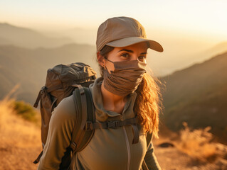 a young hiker wearing a breathable hiking face mask on a mountain trail	
