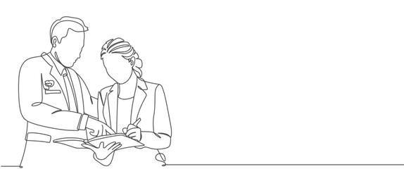 Continuous line art drawing of business man and business woman discussion. Business people line art style drawing vector illustration.