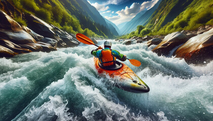 kayaking down a white water rapid river in the mountains - obrazy, fototapety, plakaty