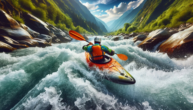 kayaking down a white water rapid river in the mountains - Powered by Adobe