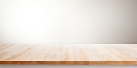 Blank wooden table on blurred white background, ideal for showcasing your merchandise.