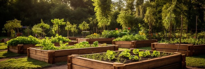 Vegetable garden in the city, wooden beds for growing vegetables, hobbies and recreation, banner - obrazy, fototapety, plakaty