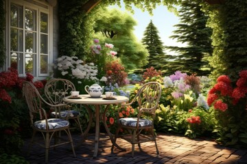 Fototapeta na wymiar Table with chairs in the summer garden of a country house, summer vacation, flower bushes and green lawn