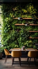 Fototapeta na wymiar A modern cafe or restaurant with a living wall of greenery, biophilic design, vertical gardening, eco friendly green nature design landscape in building
