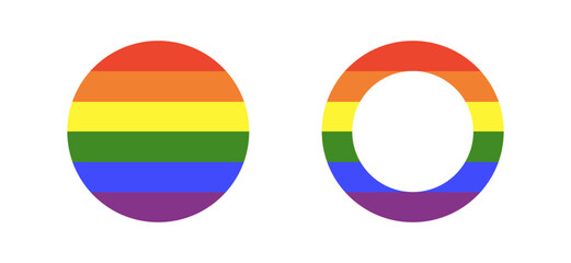 Rainbow flag. LGBT circle icon. Progress Logo symbol. Set of stickers in rainbow colors. Gay pride frames. Vector round badge, button. Template design.