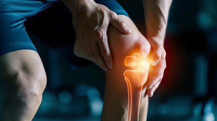 Representation of a man feeling severe knee pain. A man pressing his knee with his hands because of knee inflammation. - obrazy, fototapety, plakaty
