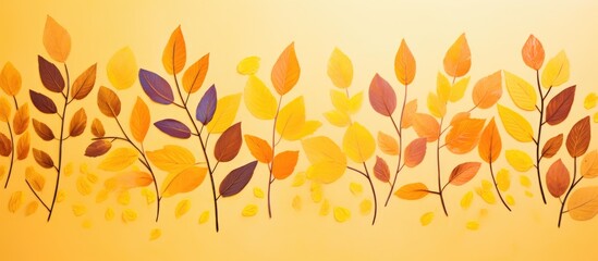 Children create DIY autumn leaf art with hand-painted leaves, brushes, and paints on a yellow background.