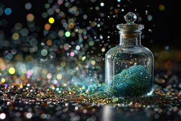 Magic potion in glass bottle on black background with glitter and bokeh