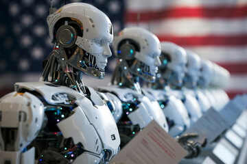 Fototapeta premium Line of robots with ballot papers in their hands vote in the presidential election or robots take the oath of office against the backdrop of the American flag