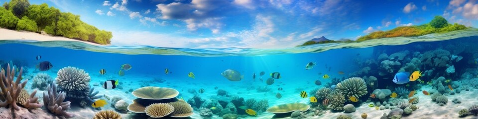 A panoramic view of a vibrant coral reef beneath the clear,  turquoise waters of the ocean