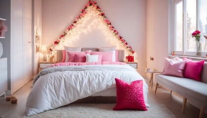 love bedroom with bed, valentines day.