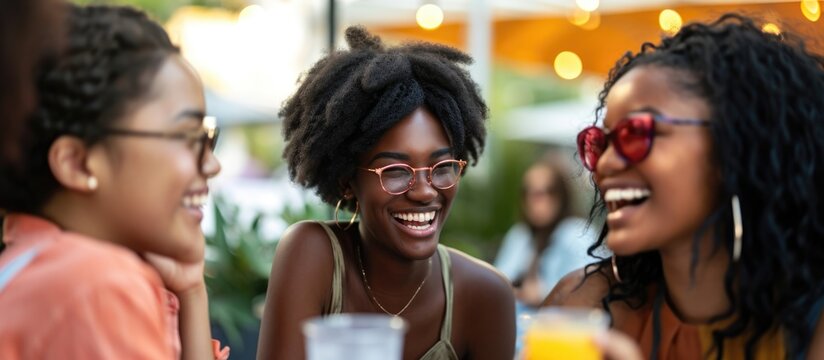 Joyful African American female students enjoying conversation at a summer cafe.