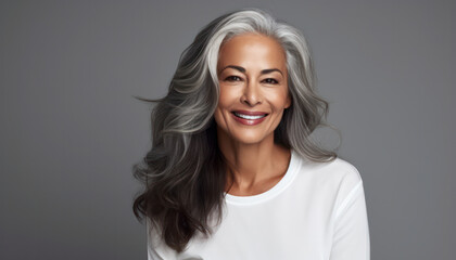 Fototapeta premium Elegant Senior Lady: Portrait of a Happy, Confident, and Stylish Mature Woman with Grey Hair - Banner of Ageless Beauty, Modern Lifestyle, and Positive Contentment in a Studio Setting