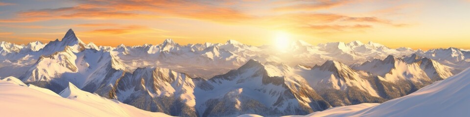 A snow-covered mountain panorama at golden hour,  with peaks glowing in the warm light