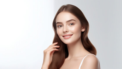 Radiant Beauty: Young Woman's Closeup Portrait - Perfect Skin, Healthy Hair, and Attractive Features - Banner of Natural Wellness, Cosmetology, and Fashionable Elegance