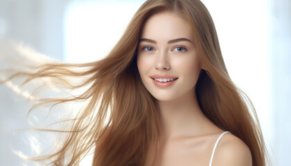 Radiant Beauty: Young Woman's Closeup Portrait - Perfect Skin, Healthy Hair, and Attractive Features - Banner of Natural Wellness, Cosmetology, and Fashionable Elegance - obrazy, fototapety, plakaty