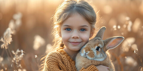 Lovely girl with companion animal, bunny rabbit, cat, dog. Generative AI - obrazy, fototapety, plakaty
