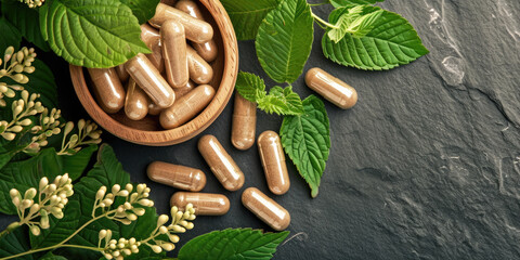 Natural supplements and organic herbal capsules with fresh leaves for a healthy lifestyle.
