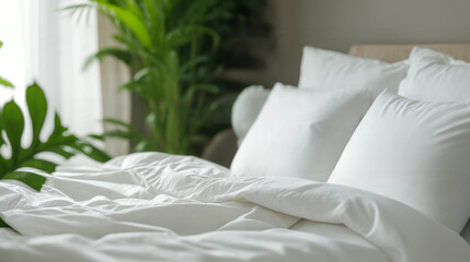  A white bed with four pillows and a brown blanket on it.