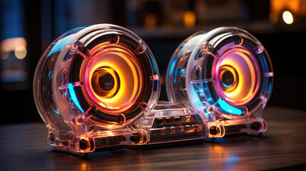 Two sound speakers in neon light. Futuristic design