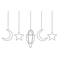  Continuous one line art drawing of Ramadan kareem with lantern and star, moon outline art vector