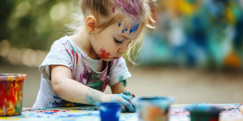 2 yr old girl making art on a canvas with various colors and tools. Toddler finger painting. Playtime and education. Young child learning and playing.