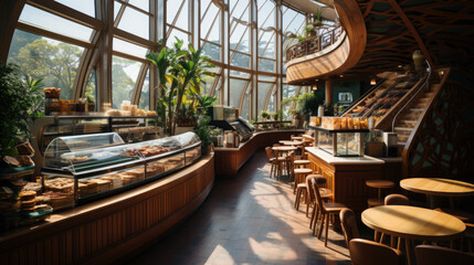 Nice coffee house in a loft style with big panoramic windows and concrete columns. There are round wooden tables with chairs and armchairs, glass coffee bean dispensers - obrazy, fototapety, plakaty