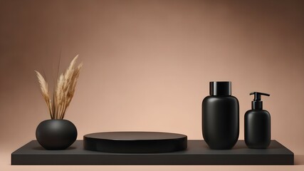 Obraz na płótnie Canvas Elegant black podium for the presentation of cosmetic products on a beige background