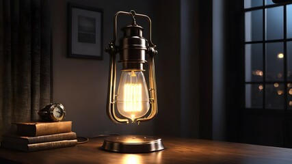 Stylish Edison lamp on a table in a dark cozy room