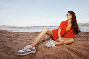 Smiling Woman at Beach, Fashionable and Carefree, Enjoying Sunny Vacation by the Ocean