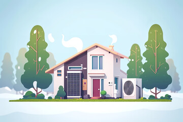 An animated explainer image simplifying how heat pumps work - using engaging visuals to educate viewers on energy transfer principles in a viewer-friendly manner. - obrazy, fototapety, plakaty