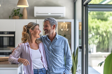 A couple is in the process of selecting a heat pump for their first home - symbolizing a new start - eco-conscious choice - and investment in future comfort. - obrazy, fototapety, plakaty