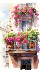 Watercolor illustration of colorful different potted flowers on a balcony or terrace, bright balcony with flowers