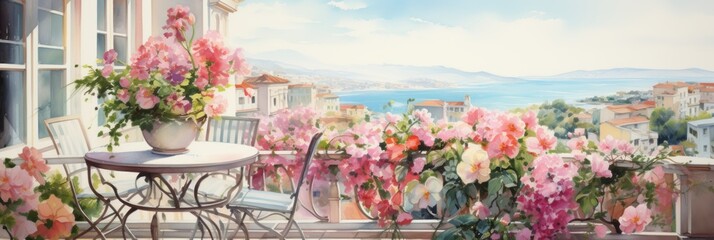 Watercolor illustration of colorful different potted flowers on a balcony or terrace, bright balcony with flowers, banner