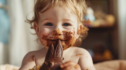 A charming toddler with a joyful mess on their face is enjoying a tasty chocolate Easter bunny - obrazy, fototapety, plakaty