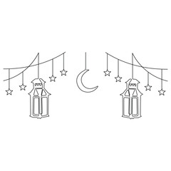  Continuous one line art drawing of Ramadan kareem with lantern and star, moon outline art vector