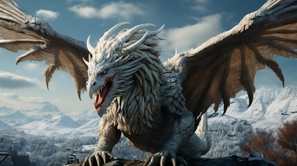 Fantasy dragon stands on the top of the mountain on beautiful snowy mountains background.