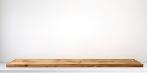 White background with isolated empty wooden table or shelf, for product showcase.